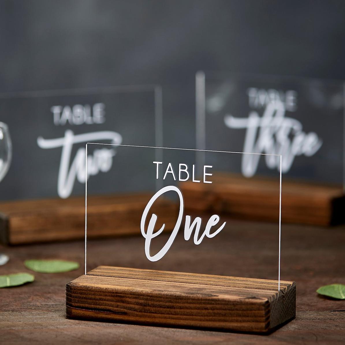 Acrylic Table Numbers with Modern Script Font and Wood Base - Rich Design Co