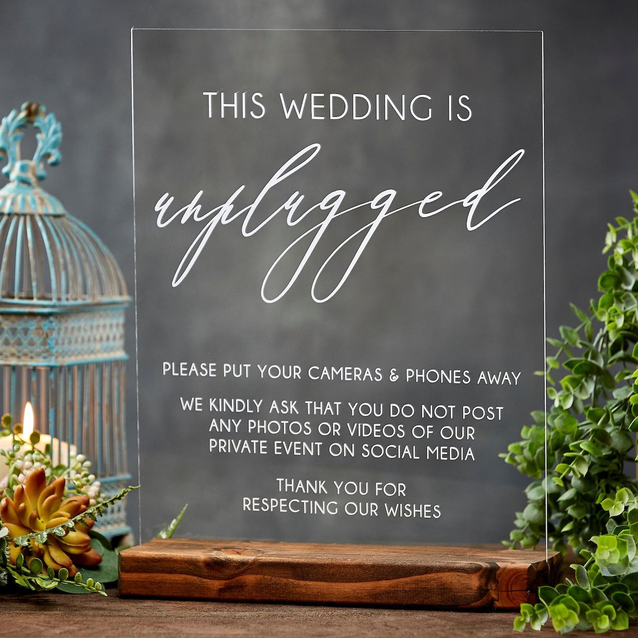 Unplugged Wedding Clear Acrylic Sign in Elegant Script - Rich Design Co